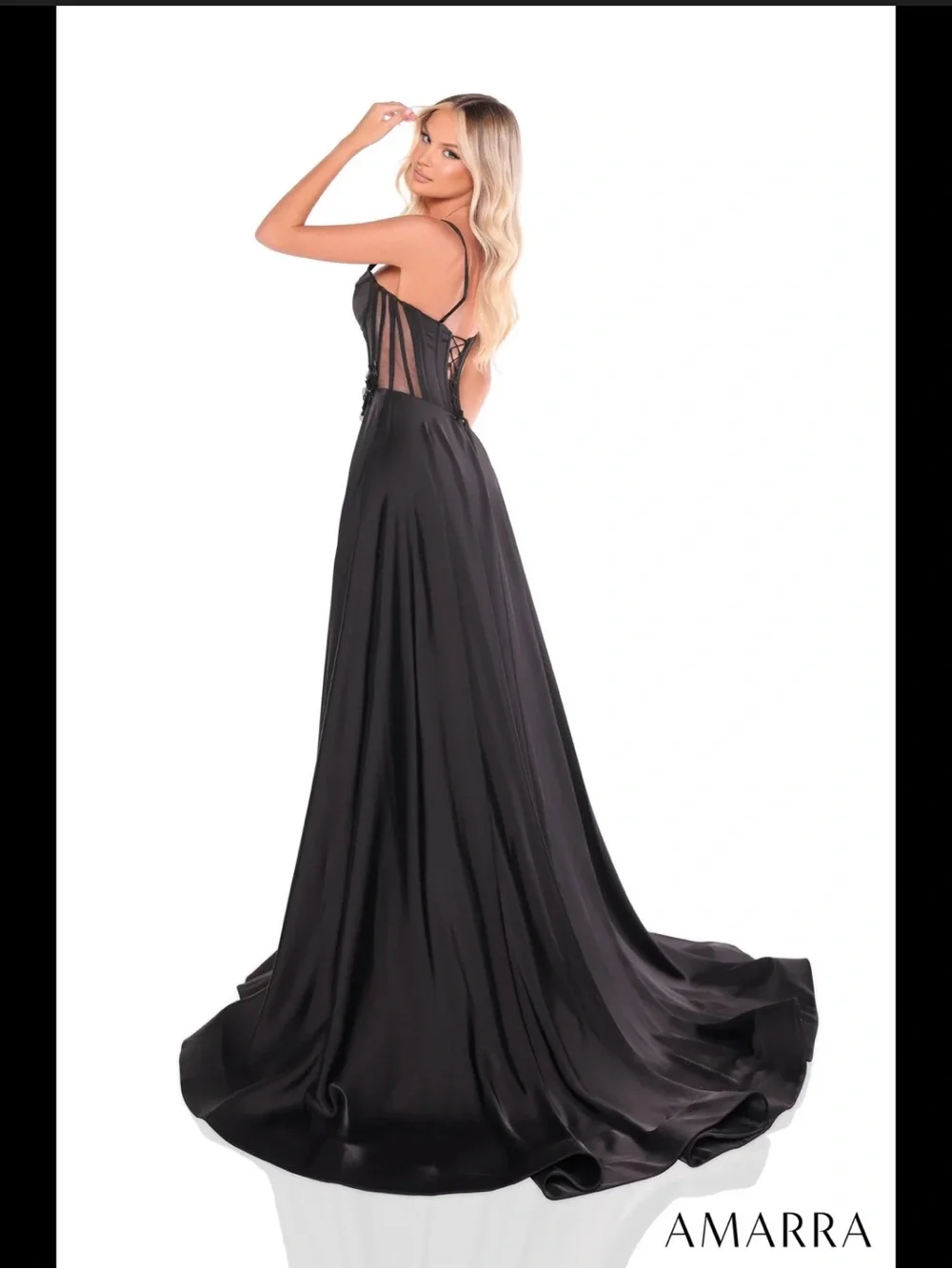 Amarra | Dresses | Black Satin Prom Gown With Fitted Bodice | Poshmark